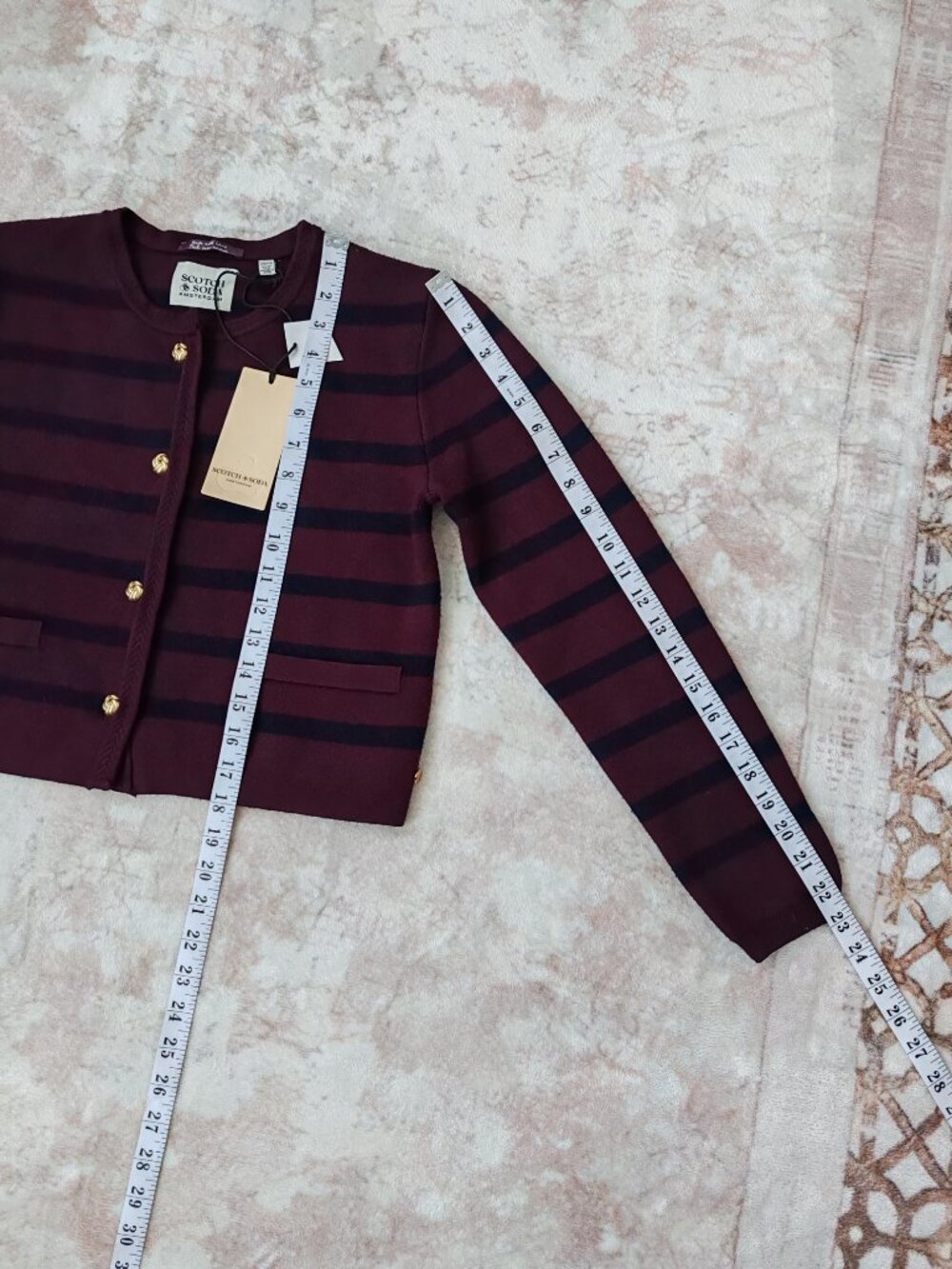 NWT Scotch & Soda Striped Knit Cardigan Sweater Gold Buttons Wine Navy XS - Picture 7 of 13